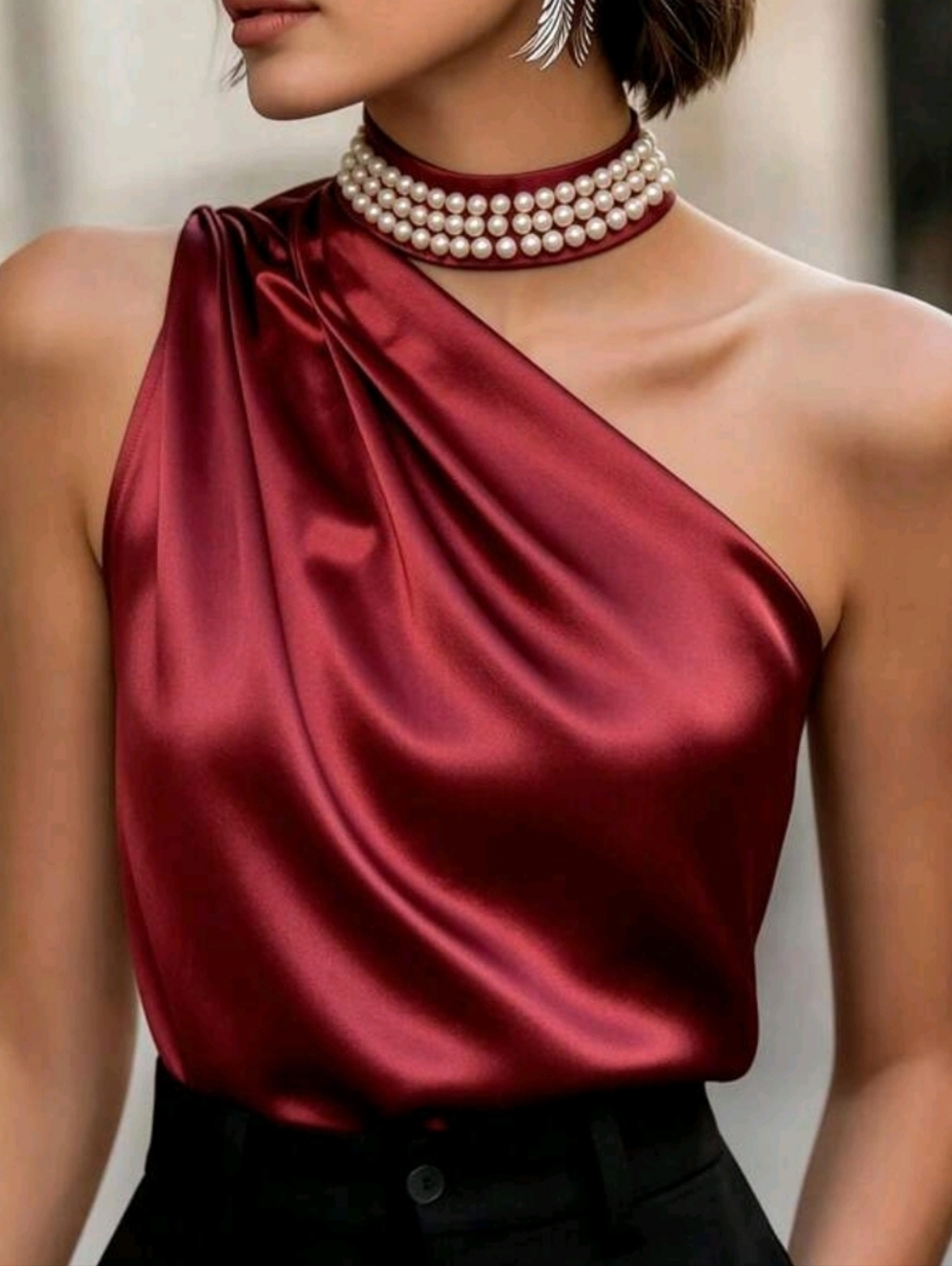 Women's One-Shoulder Satin Top in Burgundy